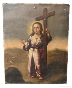 Arte: Antiguo niño Jesús Pasionario con la cruz, óleo sobre lienzo. S. XVII. 98x77
